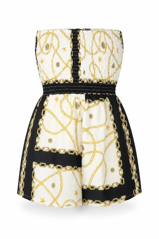 Front view of Boohoo women’s white geometric polyester playsuit one-piece, size UK 8, pullover - chain and star print