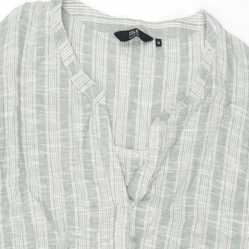 Isle Womens Green Striped Cotton Shift Size 16 V-Neck Drawstring