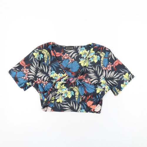 PRETTYLITTLETHING Womens Blue Floral Polyester Cropped T-Shirt Size 16 V-Neck