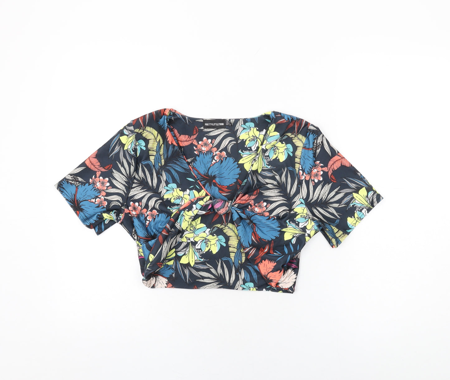 PRETTYLITTLETHING Womens Blue Floral Polyester Cropped T-Shirt Size 16 V-Neck