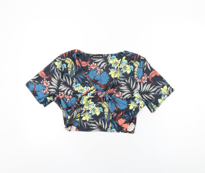 PRETTYLITTLETHING Womens Blue Floral Polyester Cropped T-Shirt Size 16 V-Neck