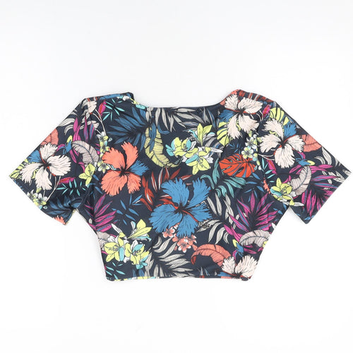 PRETTYLITTLETHING Womens Blue Floral Polyester Cropped T-Shirt Size 16 V-Neck