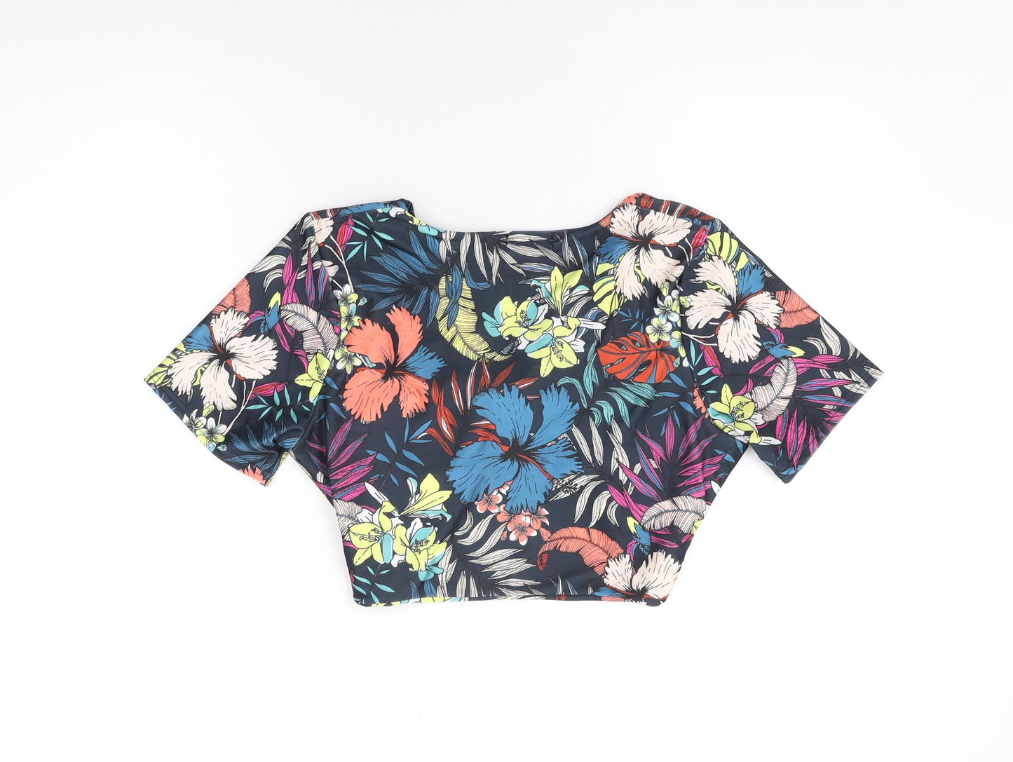 PRETTYLITTLETHING Womens Blue Floral Polyester Cropped T-Shirt Size 16 V-Neck