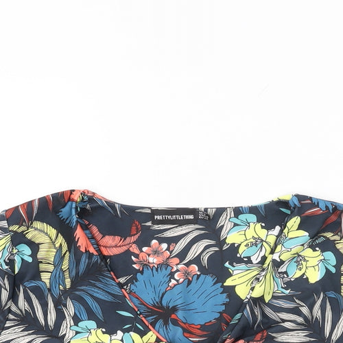 PRETTYLITTLETHING Womens Blue Floral Polyester Cropped T-Shirt Size 16 V-Neck