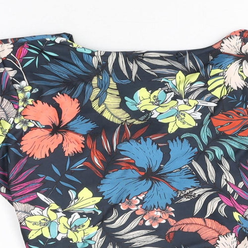 PRETTYLITTLETHING Womens Blue Floral Polyester Cropped T-Shirt Size 16 V-Neck