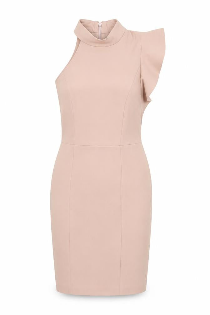 Front view of River Island women’s pink polyester bodycon, size UK 8, round neck zip