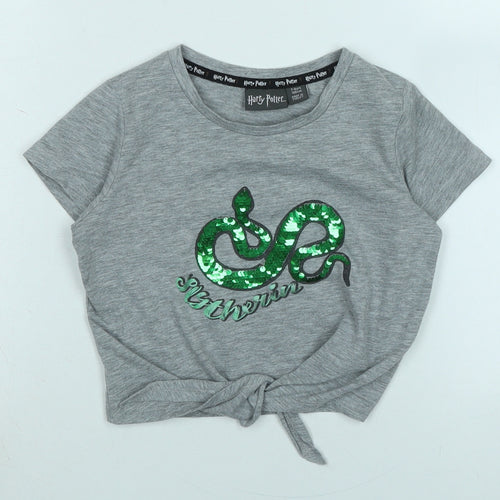 Harry Potter Girls Grey Cotton Cropped T-Shirt Size 7-8 Years Crew Neck - Harry Potter.- - Sequins.