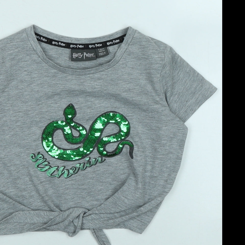 Harry Potter Girls Grey Cotton Cropped T-Shirt Size 7-8 Years Crew Neck - Harry Potter.- - Sequins.