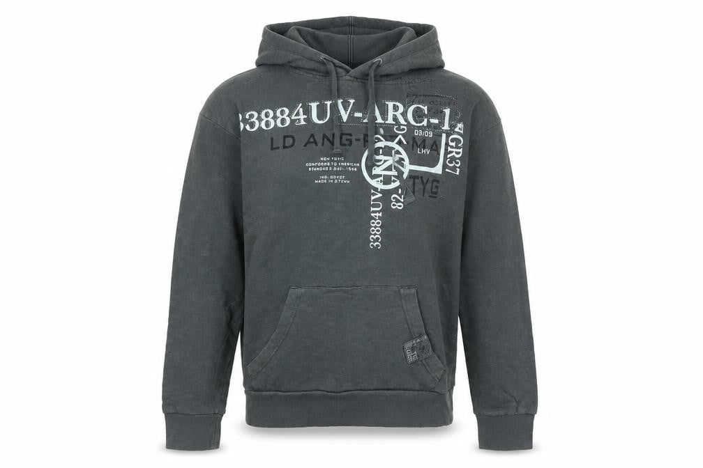 Front view of DENIM SEVENTY THREE men’s grey cotton pullover hoodie, size S, - denim seventy three