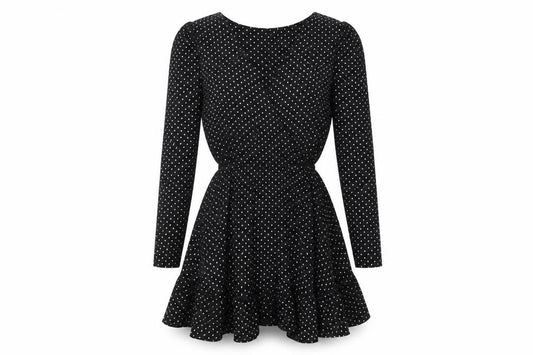 Front view of New Look women’s black polka dot trivinyl wrap dress, size UK 10, v-neck