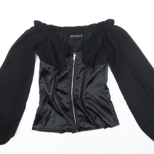 PRETTYLITTLETHING Womens Black Polyester Blend Cropped Blouse Size 4 Square Neck