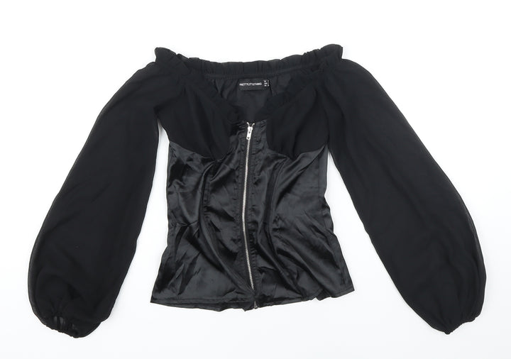 PRETTYLITTLETHING Womens Black Polyester Blend Cropped Blouse Size 4 Square Neck