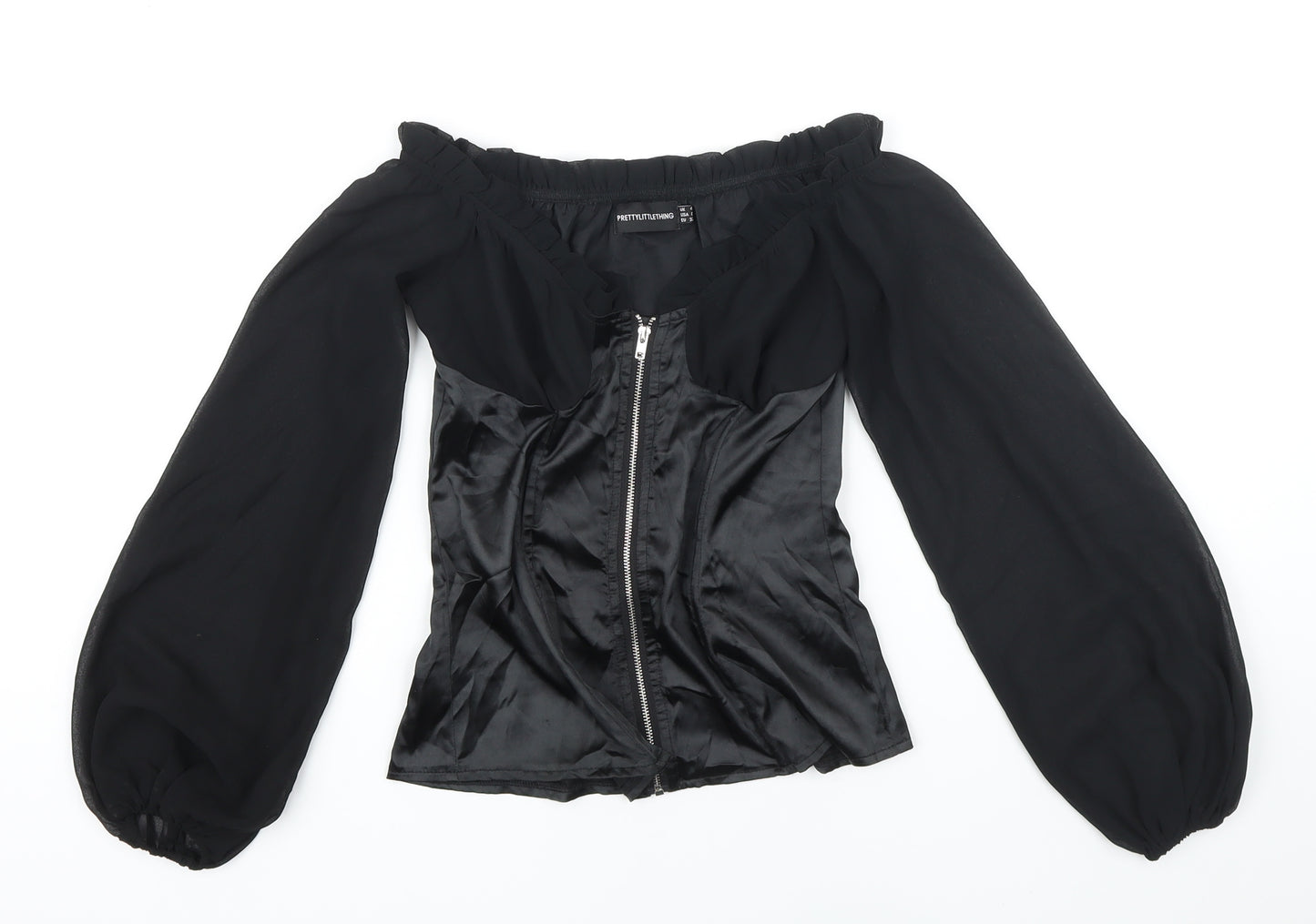 PRETTYLITTLETHING Womens Black Polyester Blend Cropped Blouse Size 4 Square Neck