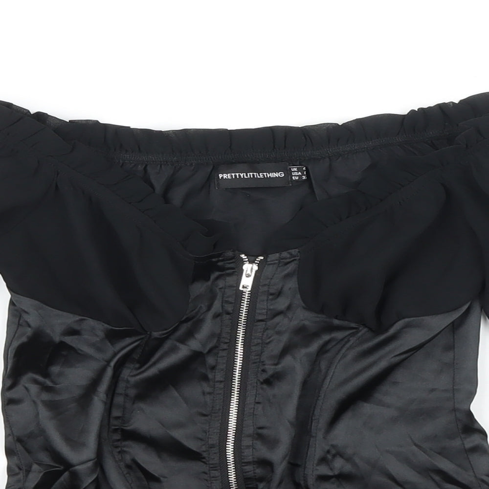 PRETTYLITTLETHING Womens Black Polyester Blend Cropped Blouse Size 4 Square Neck