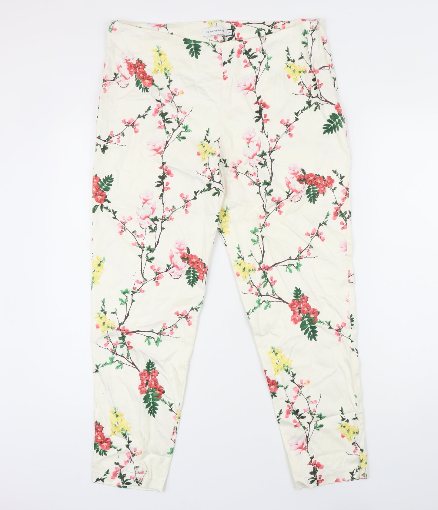 Paraphrase Womens Ivory Floral Cotton Trousers Size 14 L25 in Regular Zip