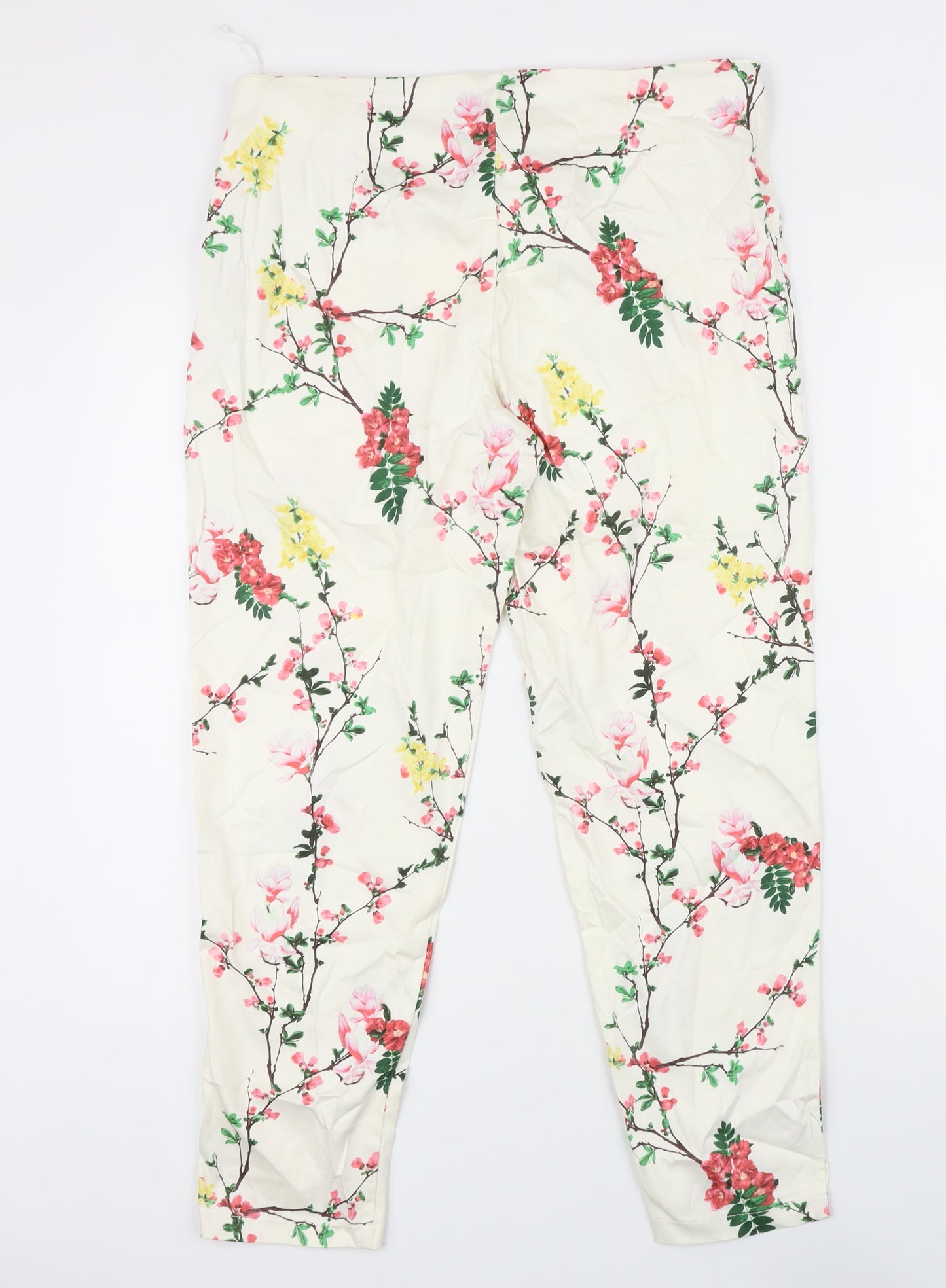 Paraphrase Womens Ivory Floral Cotton Trousers Size 14 L25 in Regular Zip