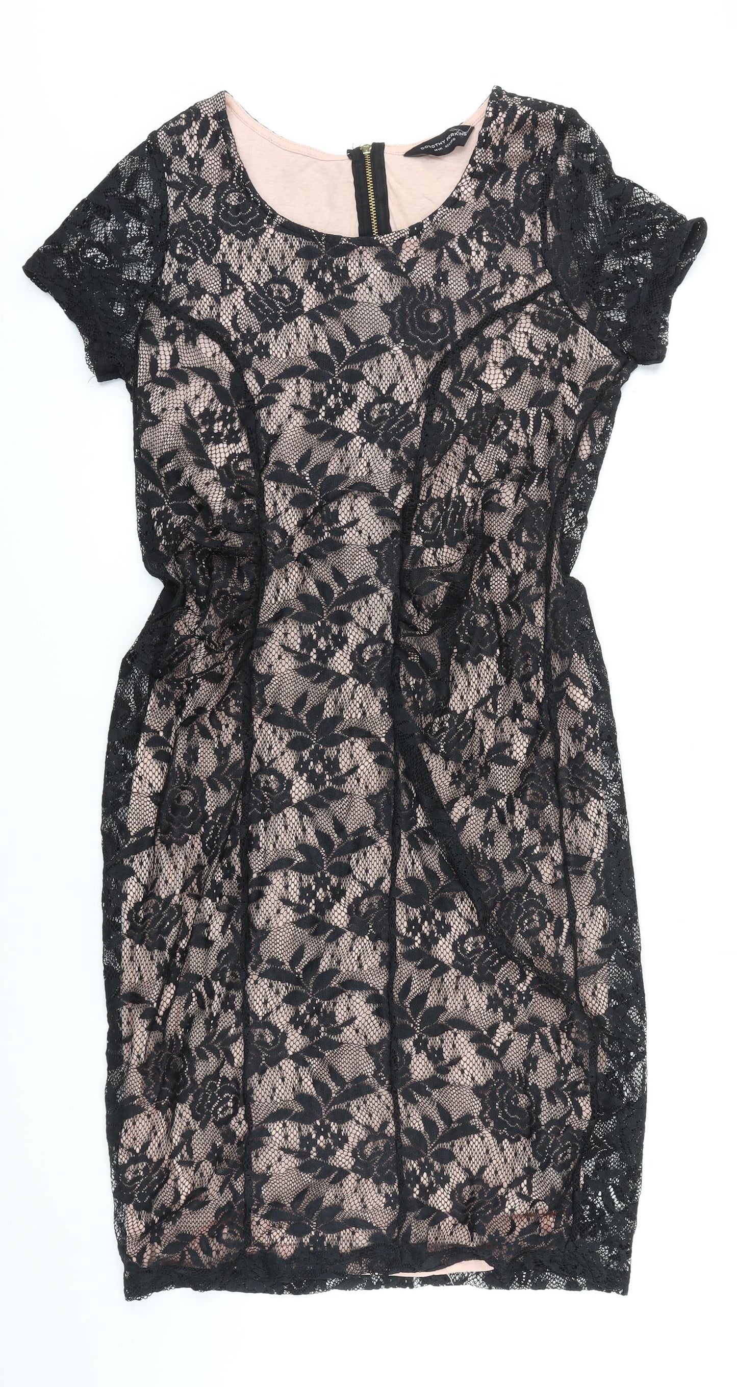 Dorothy Perkins Womens Black Polyester Pencil Dress Size 14 Scoop Neck Zip - Lace Overlay