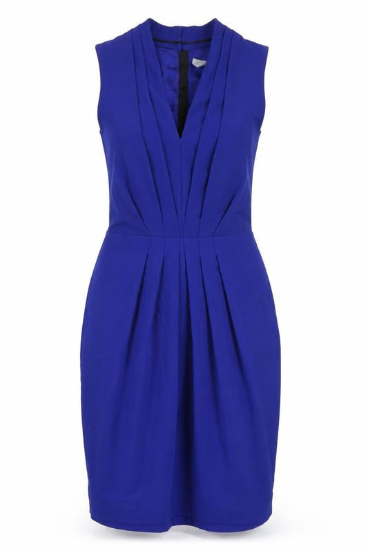 Front view of H&M women’s blue polyester pencil dress, size UK 6, v-neck zip