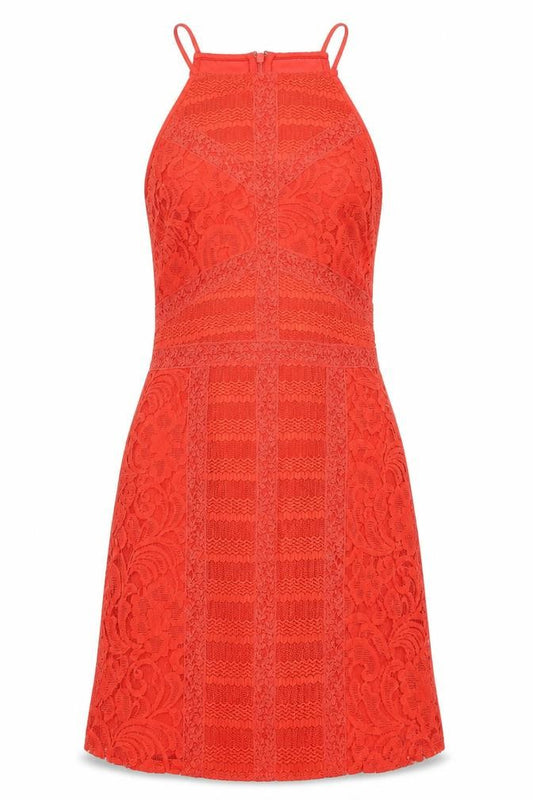 Front view of Topshop women’s red polyester blend pencil dress, size UK 12, square neck zip - lace overlay