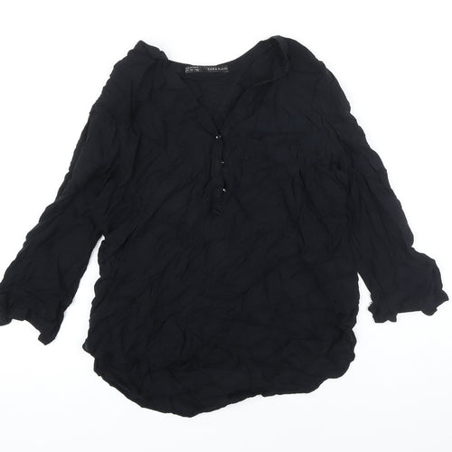 Zara Womens Black Viscose Tunic Blouse Size L V-Neck