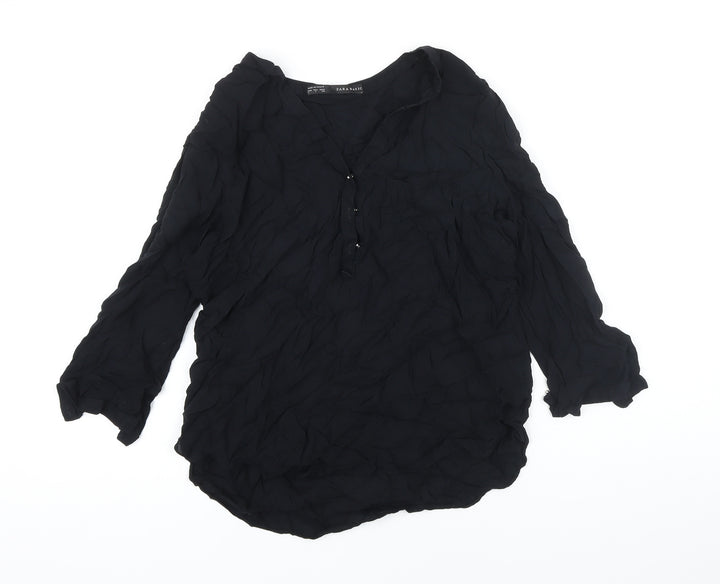 Zara Womens Black Viscose Tunic Blouse Size L V-Neck