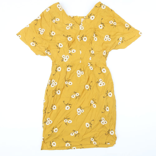lep Womens Yellow Floral Polyester Blend Mini Size S V-Neck Zip