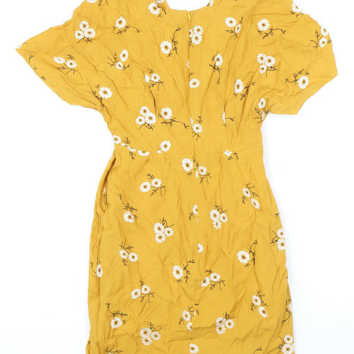lep Womens Yellow Floral Polyester Blend Mini Size S V-Neck Zip