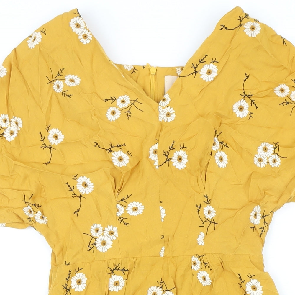 lep Womens Yellow Floral Polyester Blend Mini Size S V-Neck Zip