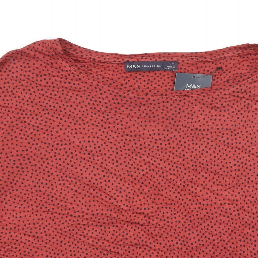 M&S Womens Red Polka Dot Viscose Basic T-Shirt Size 14 Boat Neck