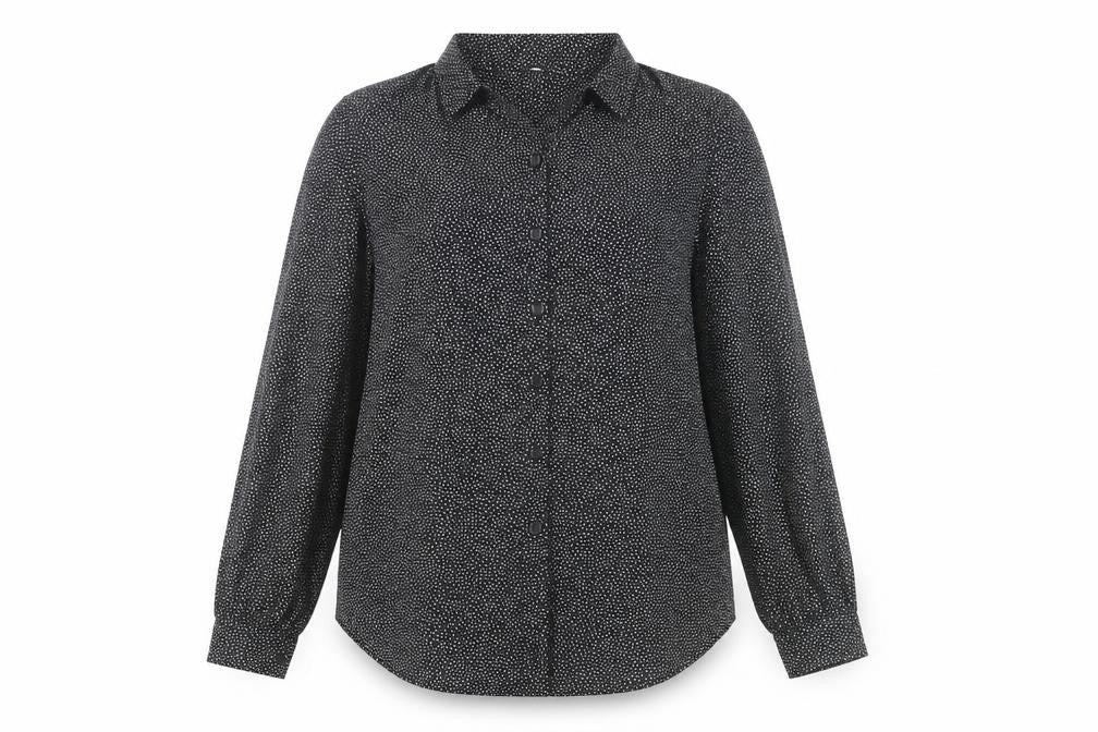 Front view of H&M women’s black geometric viscose tunic blouse, size M, collared