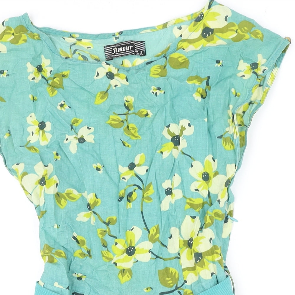 Amour Womens Ivory Floral 100% Cotton A-Line Size 8 Boat Neck