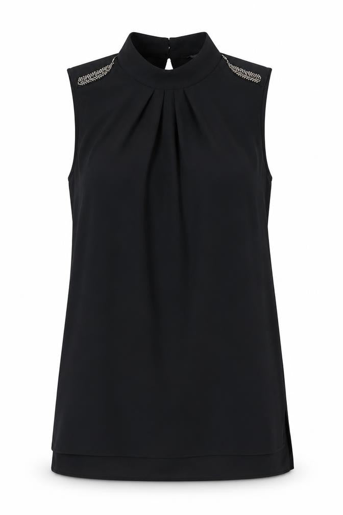 Front view of Next women’s black polyester tunic blouse, size UK 6, mock neck - beaded shoulders