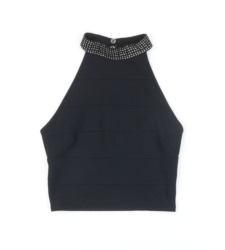 New Look Womens Black Polyester Cropped Blouse Size 6 Mock Neck