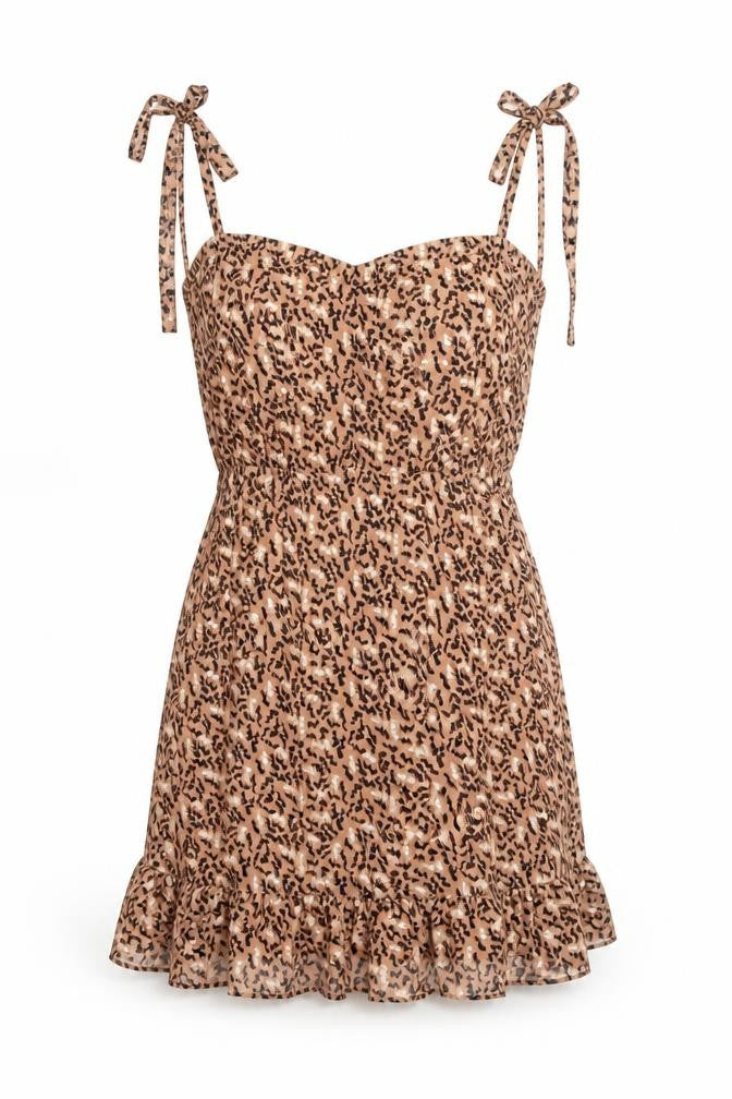 Front view of Glamorous women’s brown geometric viscose mini, size UK 8, square neck