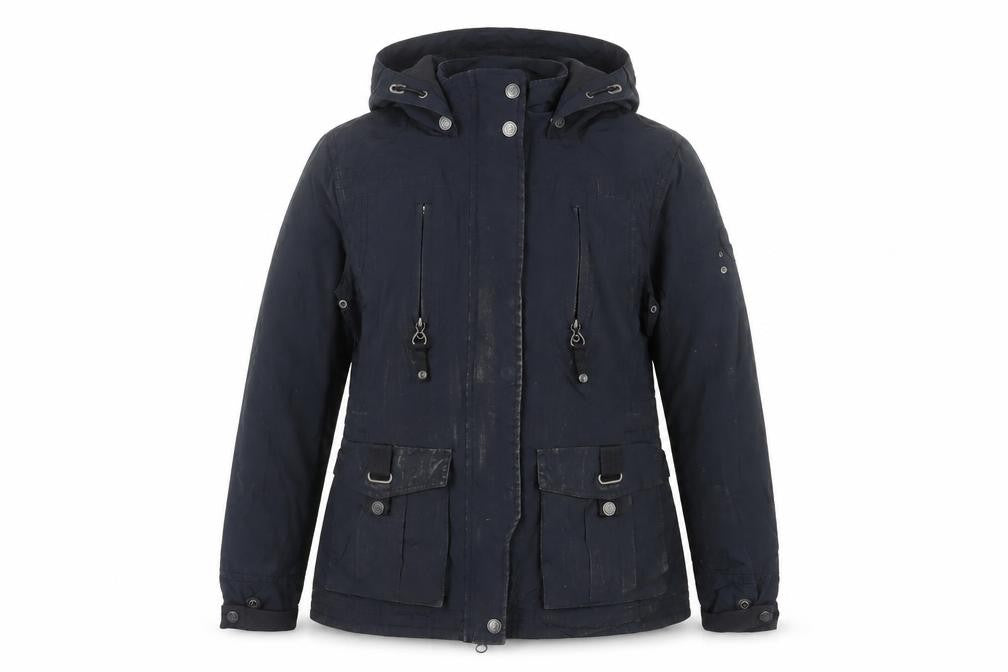 Front view of Sailors & Brides women’s black jacket, size M, zip - hooded water resistant