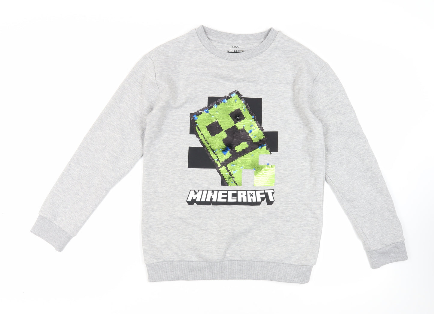 Marks and Spencer Girls Grey Cotton Pullover Sweatshirt Size 12-13 Years Pullover - Minecraft