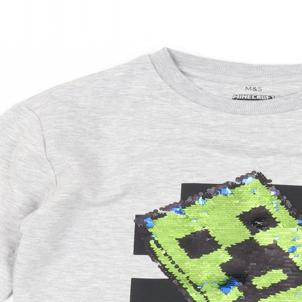 Marks and Spencer Girls Grey Cotton Pullover Sweatshirt Size 12-13 Years Pullover - Minecraft