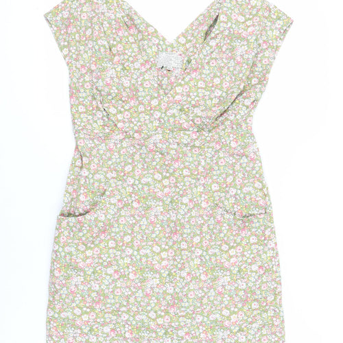 Joules Womens Green Floral Cotton Mini Size 12 V-Neck Pullover - Pockets