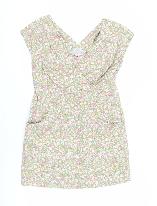 Joules Womens Green Floral Cotton Mini Size 12 V-Neck Pullover - Pockets