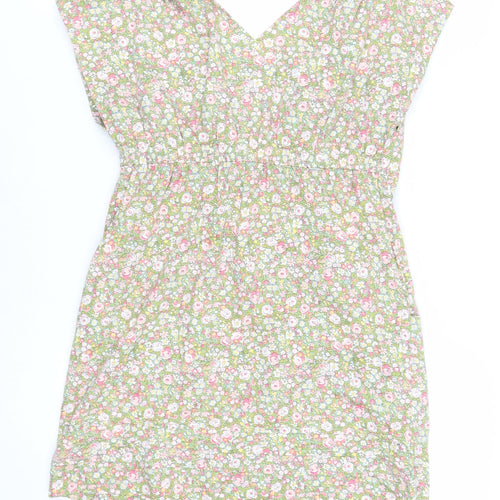 Joules Womens Green Floral Cotton Mini Size 12 V-Neck Pullover - Pockets