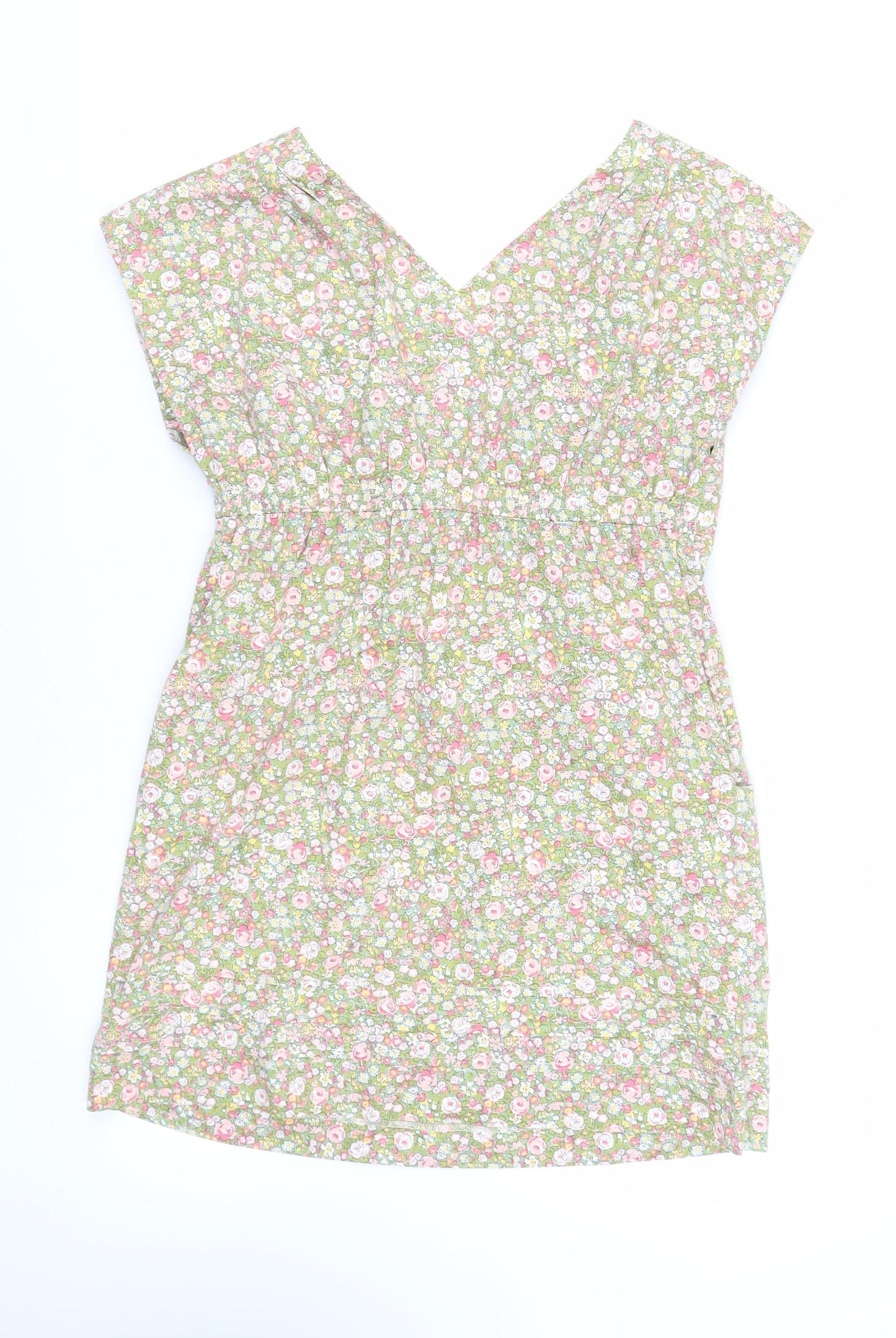 Joules Womens Green Floral Cotton Mini Size 12 V-Neck Pullover - Pockets