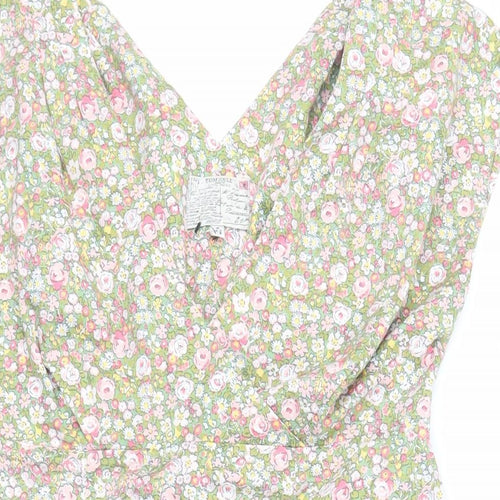 Joules Womens Green Floral Cotton Mini Size 12 V-Neck Pullover - Pockets