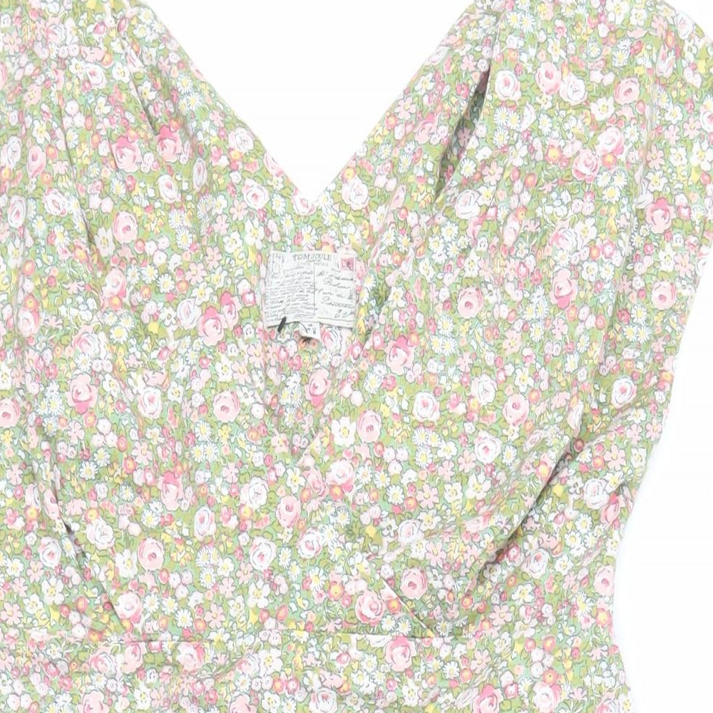 Joules Womens Green Floral Cotton Mini Size 12 V-Neck Pullover - Pockets