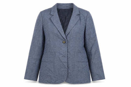 Front view of Paul Costelloe women’s blue plaid jacket blazer, size UK 12, button