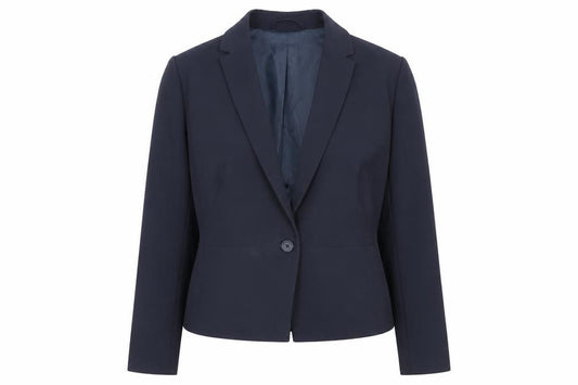 Front view of Marks & Spencer women’s blue jacket blazer, size UK 16, button