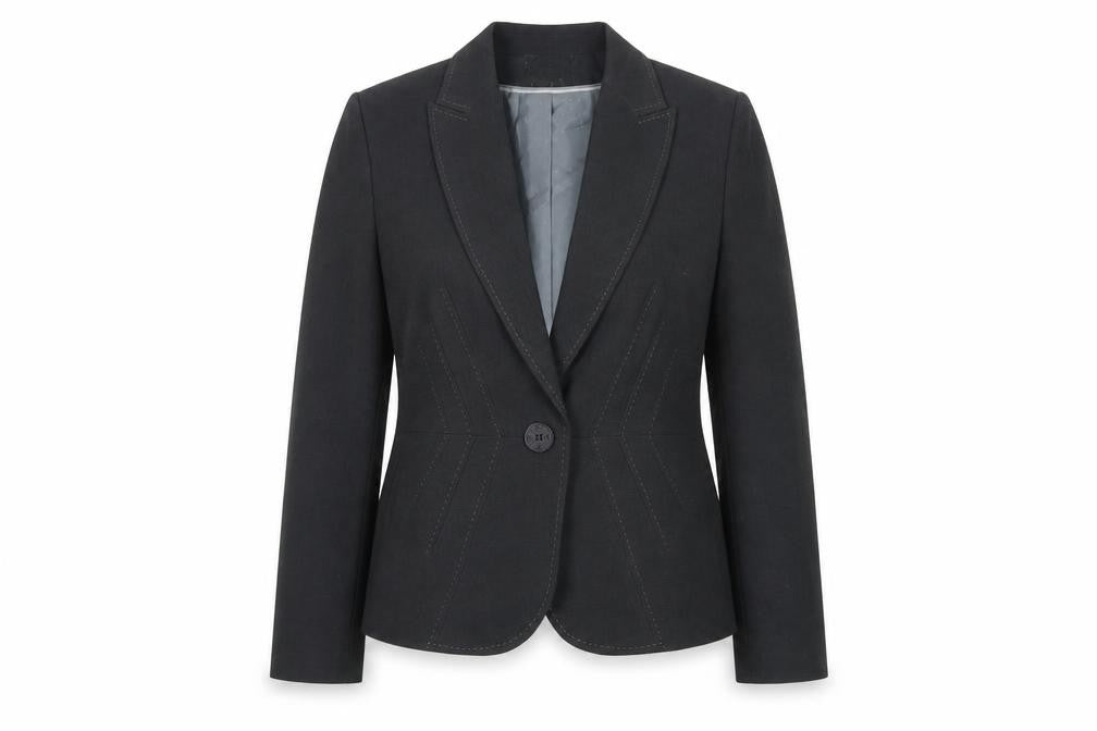 Front view of Marks & Spencer women’s grey jacket blazer, size UK 14, button - contrasting stitching