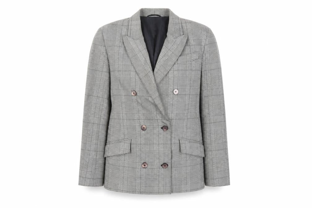 Front view of St Michael women’s grey plaid jacket blazer, size UK 12, button - vintage