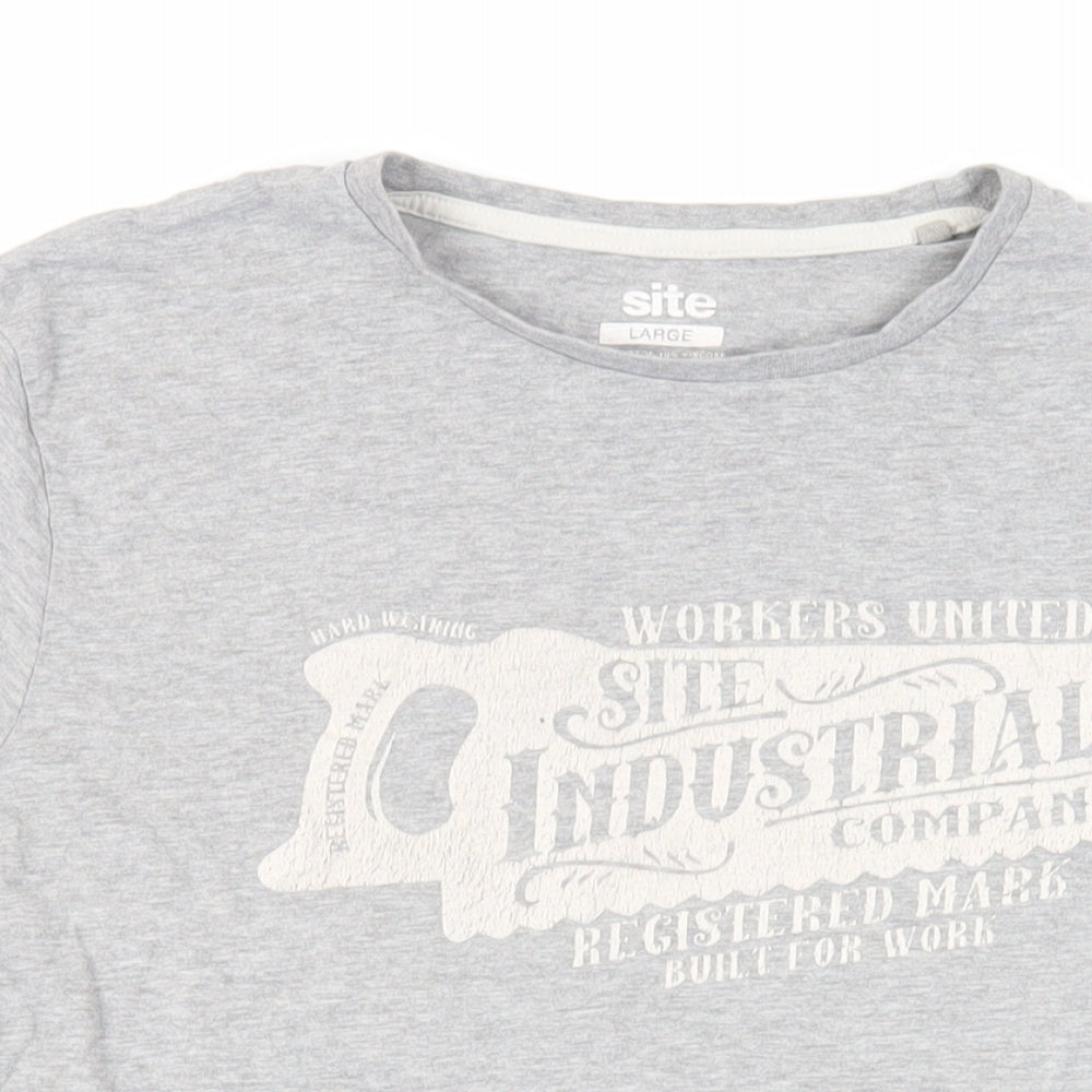 Site Mens Grey Cotton T-Shirt Size L Crew Neck