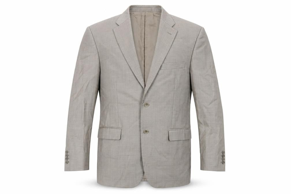 Front view of Marks & Spencer men’s beige wool jacket suit jacket, size 42, regular