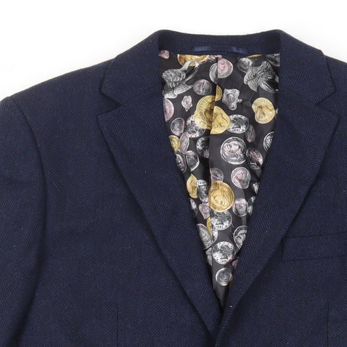 Feraud Mens Blue Herringbone Polyester Jacket Blazer Size 40 Regular